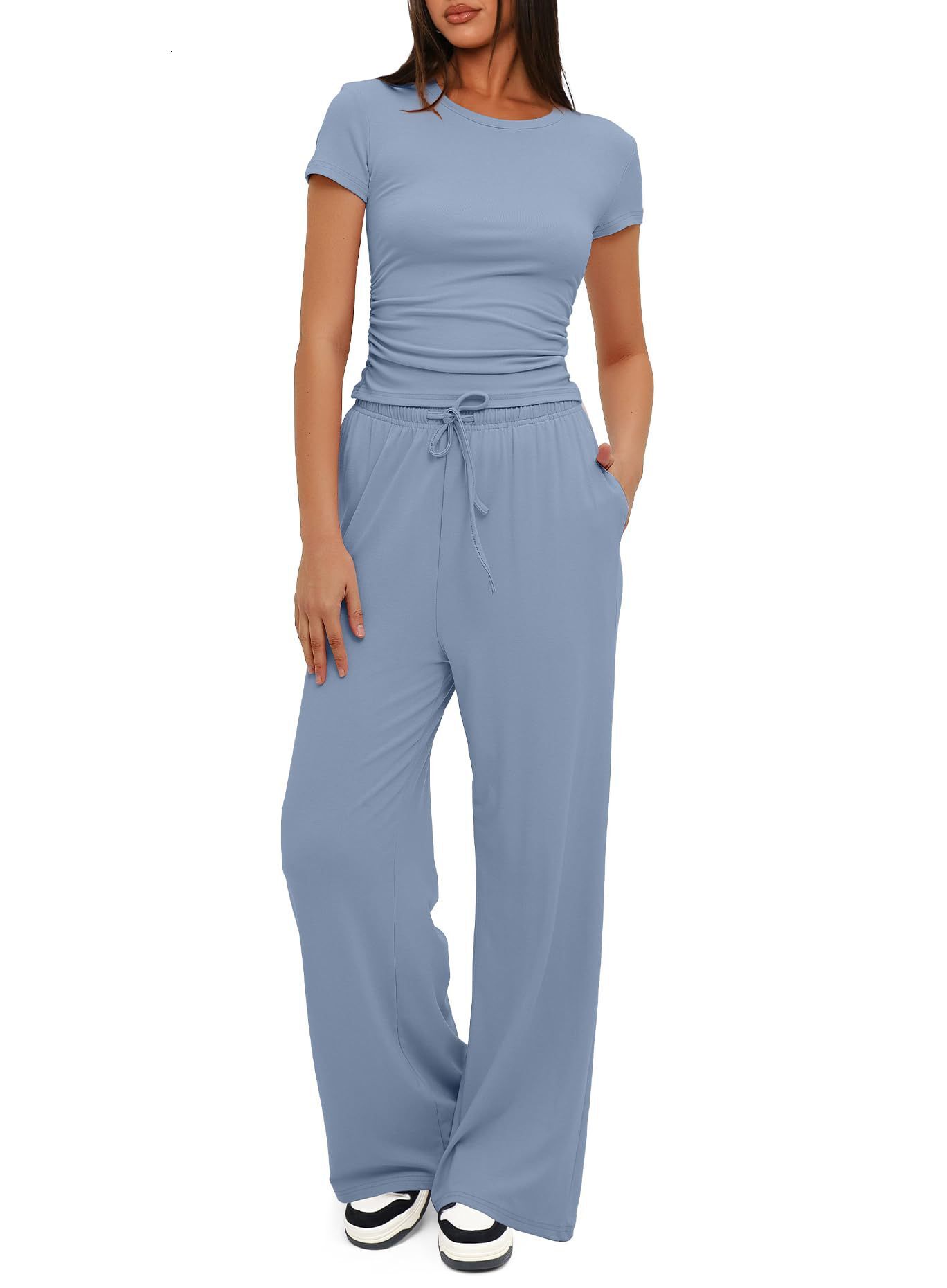 New Solid Color Casual Set Pleated Short Sleeve T-shirt Two Piece Top High Waist Wide Leg Pants Sportswear