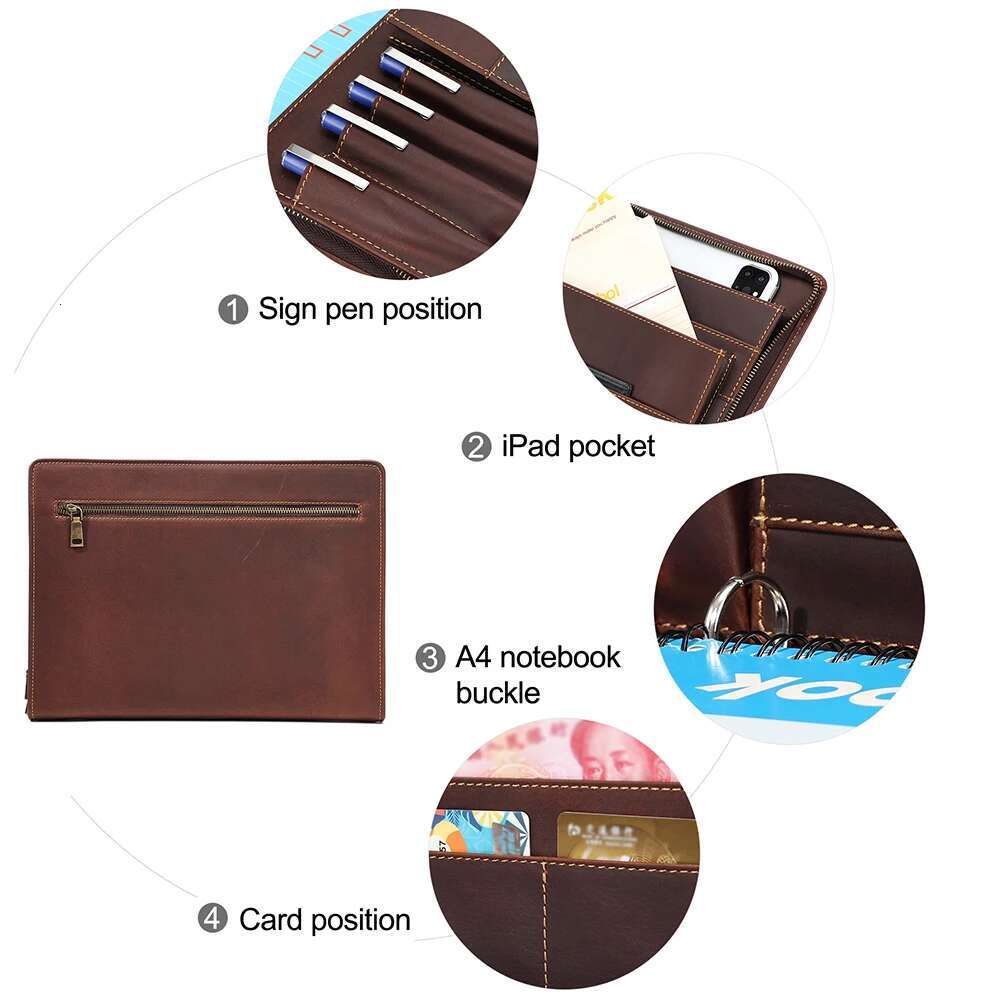 JOYIR Crazy Horse Leather Portfolio Case Men Women Multi Pocket Padfolio Cover Bussiness Document A4 Organizer Tablet Holder