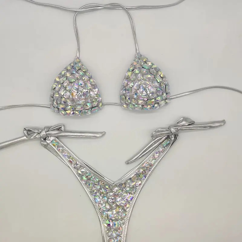 bikini 2-piece swimsuit sexy womens rhinestone bra and thong set push up high waisted swimsuit shiny fashionable beachwear 250313