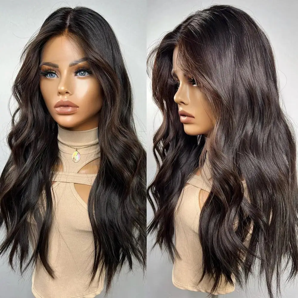 Dark Brunette Brown Full Lace Wig Blonde Highlights 100% Virgin Premium Human Hair 150 Density HD Invisible Lace Front Wavy Wig
