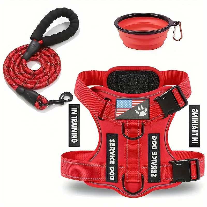 Service Dog Harness Leash Set with 1pc Folding Bowl Reflective Adjustable Dog Vest Harness Soft Oxford Pet Harness For Small MXJ250317