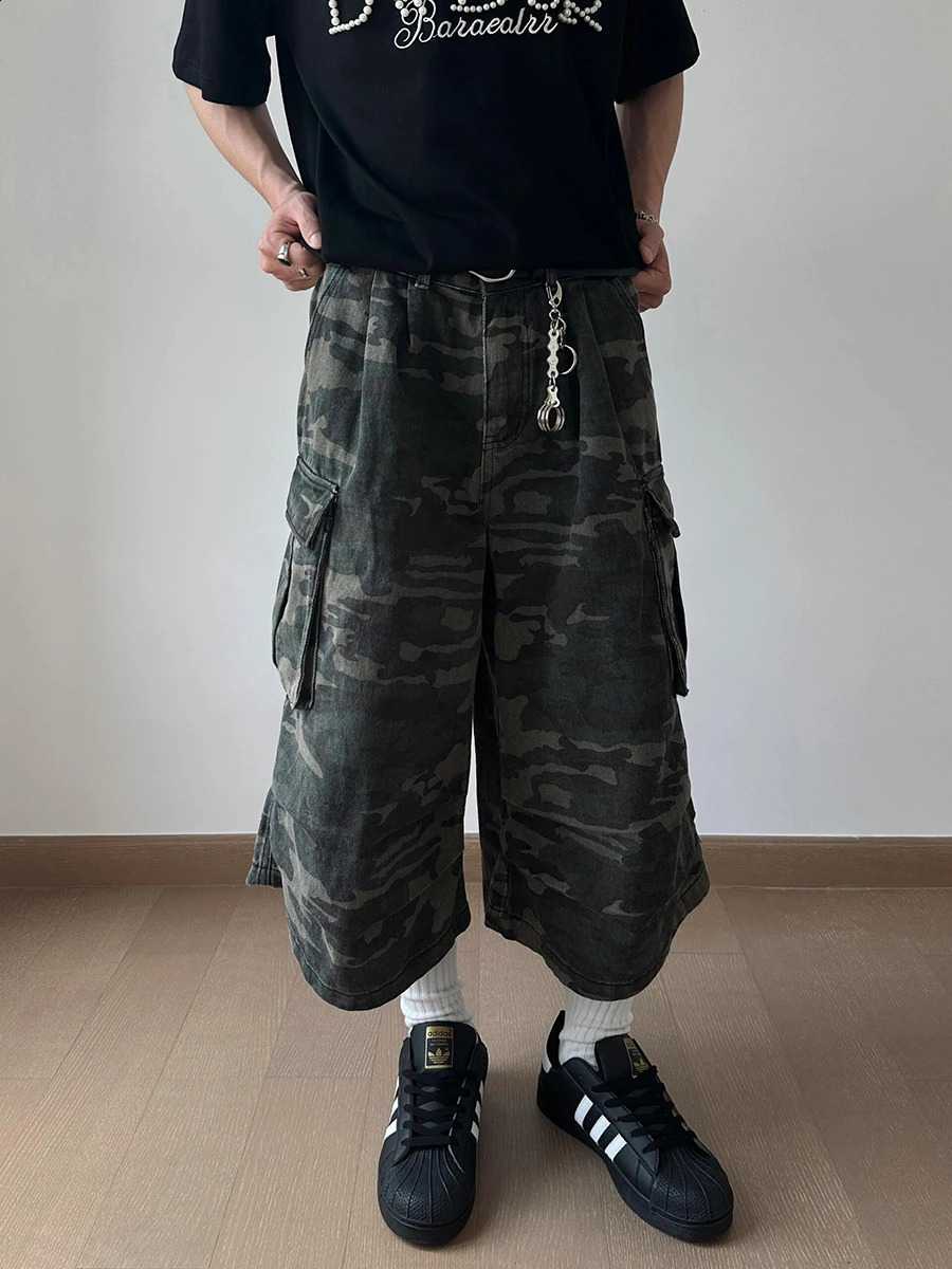 REDDACHIC vintage camouflage cargo denim shorts mens washed pleated high rise multi pocket jeans Jorts Harajuku streetwear 250314