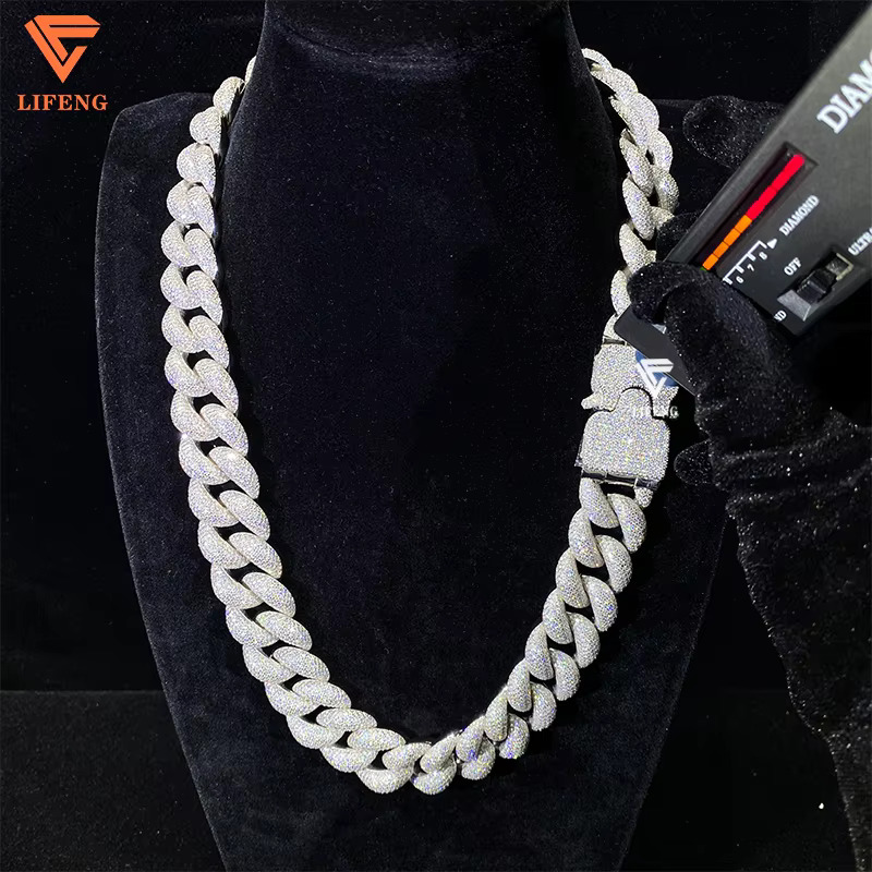 Customizable 20mm Big Chain Necklace 8Rows 925 Sliver White Gold Plated VVS Moissanite Miami Cuban Link Chain Hip-hop Style