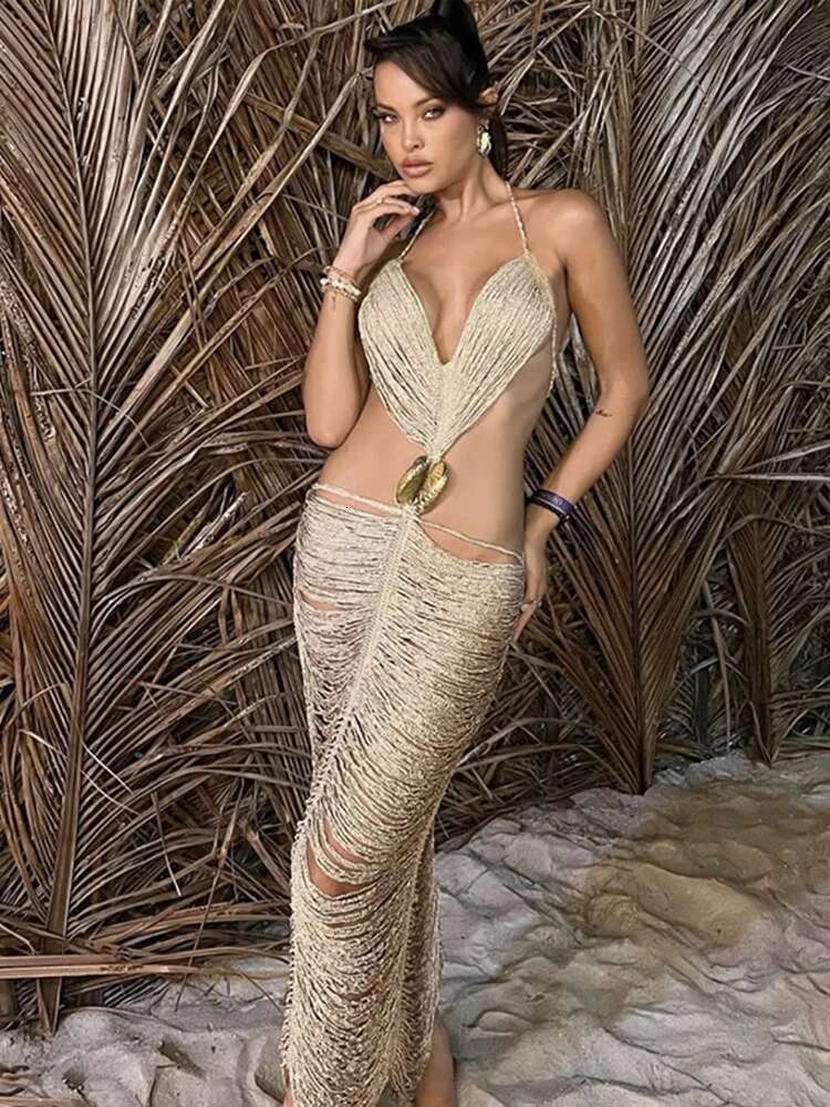 2025 New Sexy Shell Tassel Strap Skirt Designer Women's Hollow Sleeveless Bareback Beach Party Skirt Summer Women's Hip Set Robe4