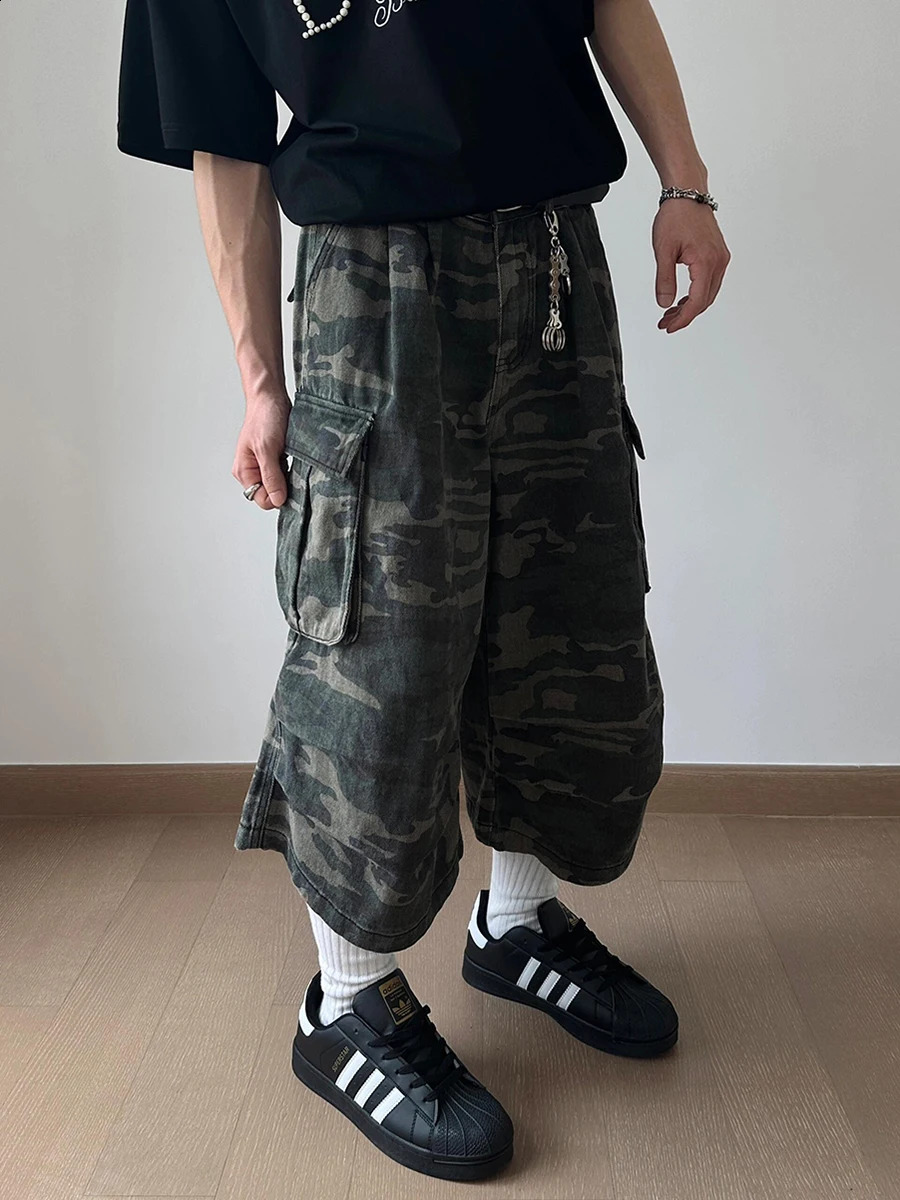 REDDACHIC vintage camouflage cargo denim shorts mens washed pleated high rise multi pocket jeans Jorts Harajuku streetwear 250314
