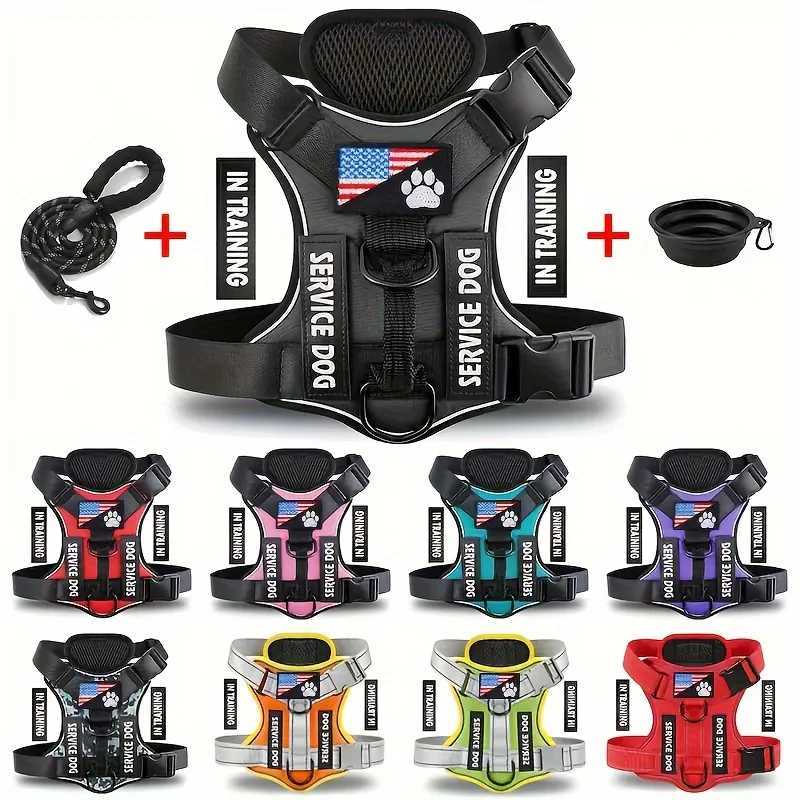 Service Dog Harness Leash Set with 1pc Folding Bowl Reflective Adjustable Dog Vest Harness Soft Oxford Pet Harness For Small MXJ250317