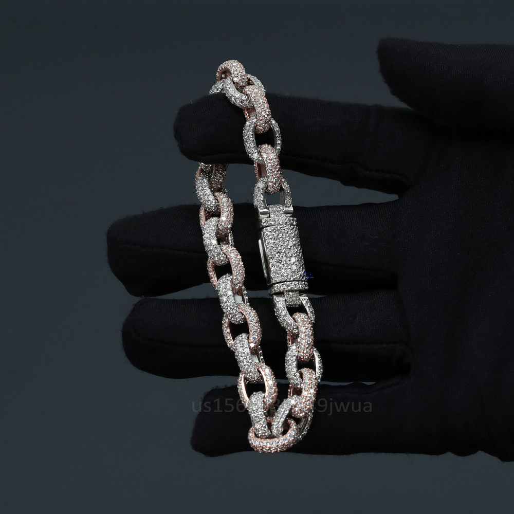 Hip Hop Moissanite Diamond Link Chain Bracelet in 14kt Rose and White Gold with VVS Clarity New Trendy Jewelry for Men