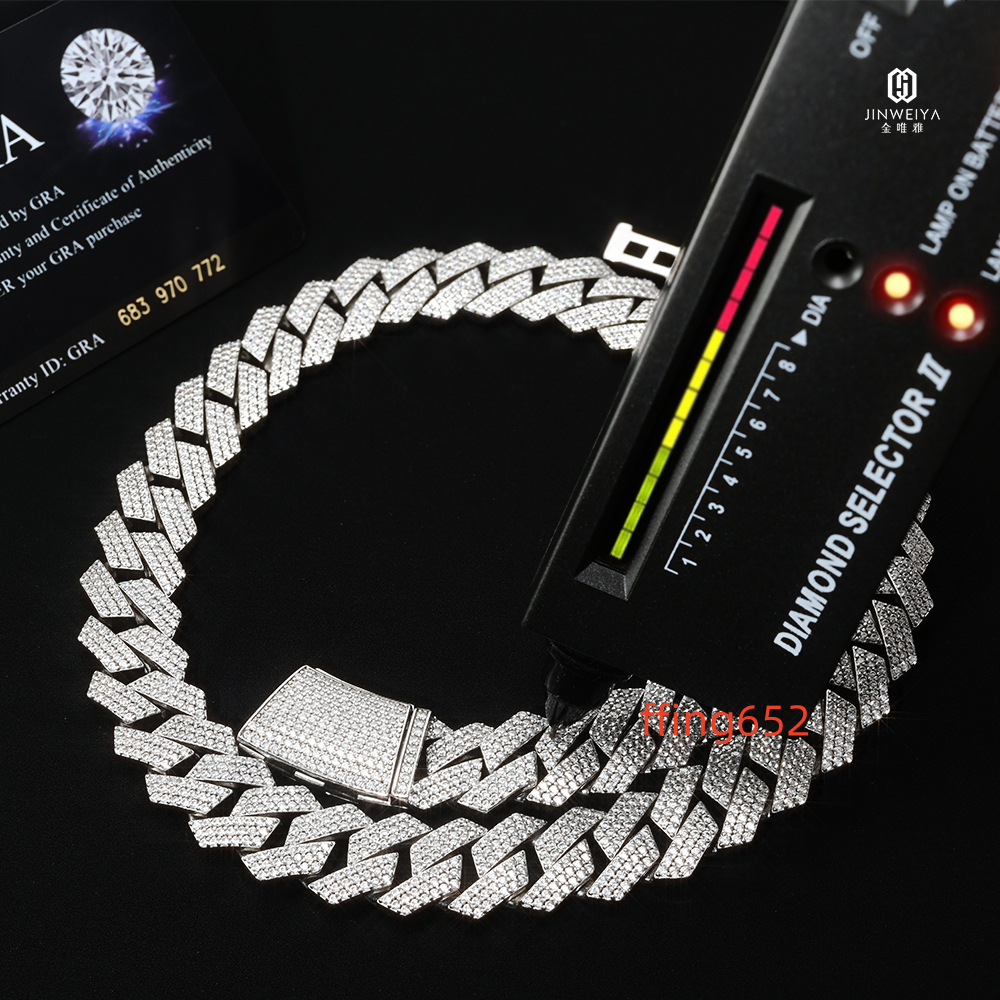 15mm VVS Moissanite Chain 925 Silver Prong Cuban15mm Iced Out Hip Hop Cuban Link Necklace Moissanite Chain for Men