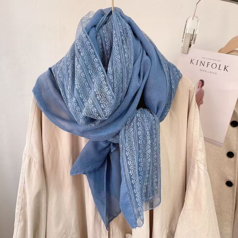 T304 Spring and Autumn new lace splicing versatile scarf female long fashion neck shawl literary cotton and linen thin silk scarf