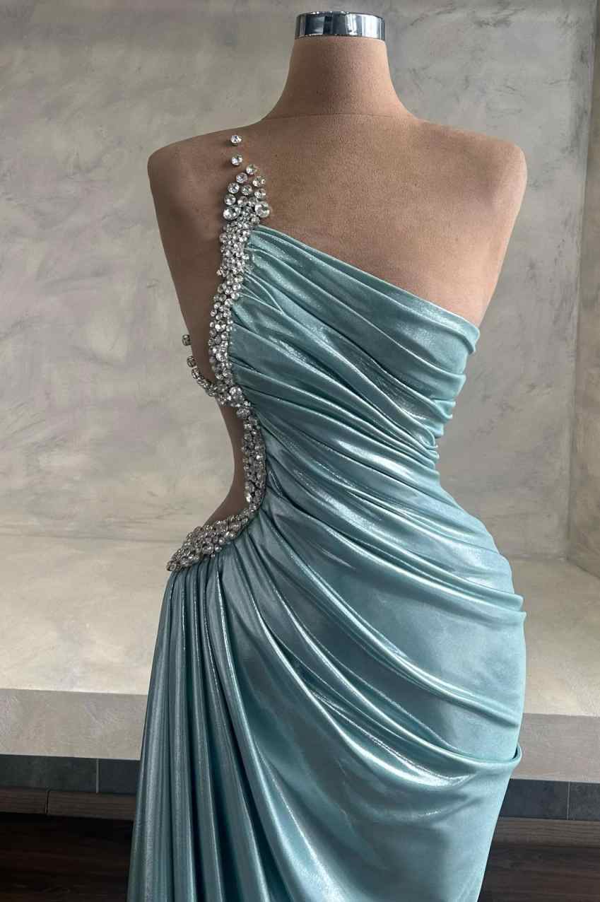 Classic Evening Dresses For Women One Shoulder Sheer Neck Sleeveless Gown Crystal Ruffles Sweep Train Party Customized Dress