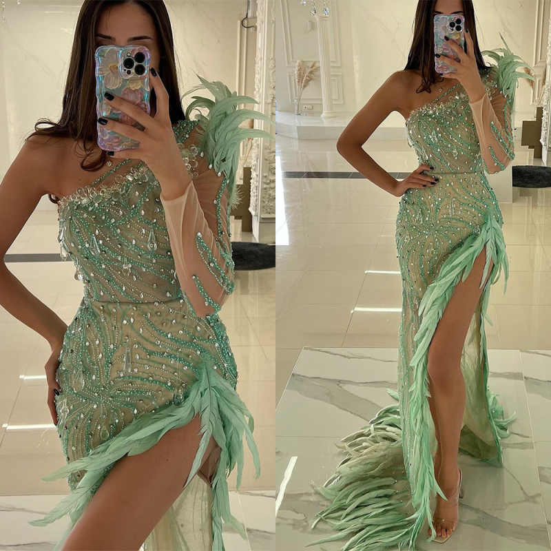 Designer Evening Dresses For Women One Shoulder Long Sleeves Gown Sequins Crystal Feather Split Side Sweep Train Party Customized Dress