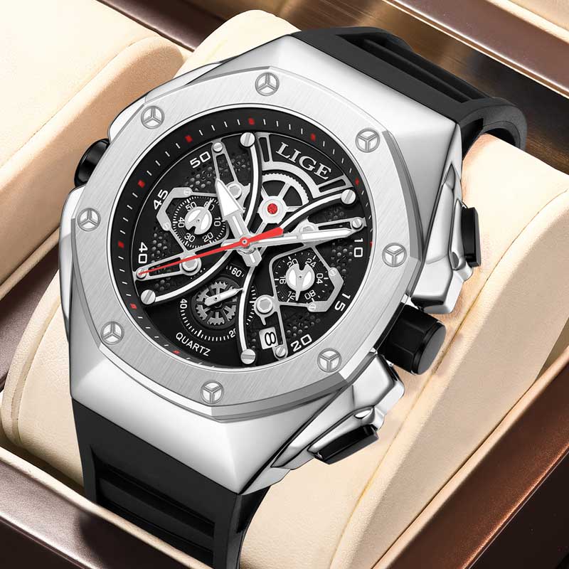 LIGE Fashion Hollow Watches Mens Business Watch Male Casual Skeleton Quartz WristWatch for Men Luminous Auto Date Silicone Strap