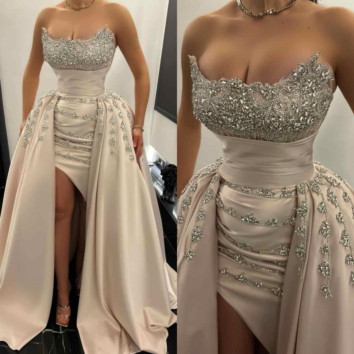 Vintage Evening Dresses For Women Strapless Sleeveless Gown Crystal Ruffles Split Side Detachable Train Party Customized Dress