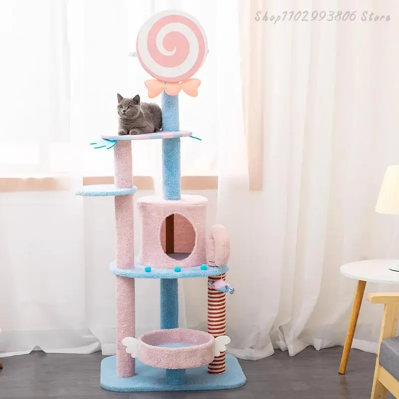 Plush stair-style cat tree with integrated cat bed, all-in-one pet furniture & toy, suitable for all pets.