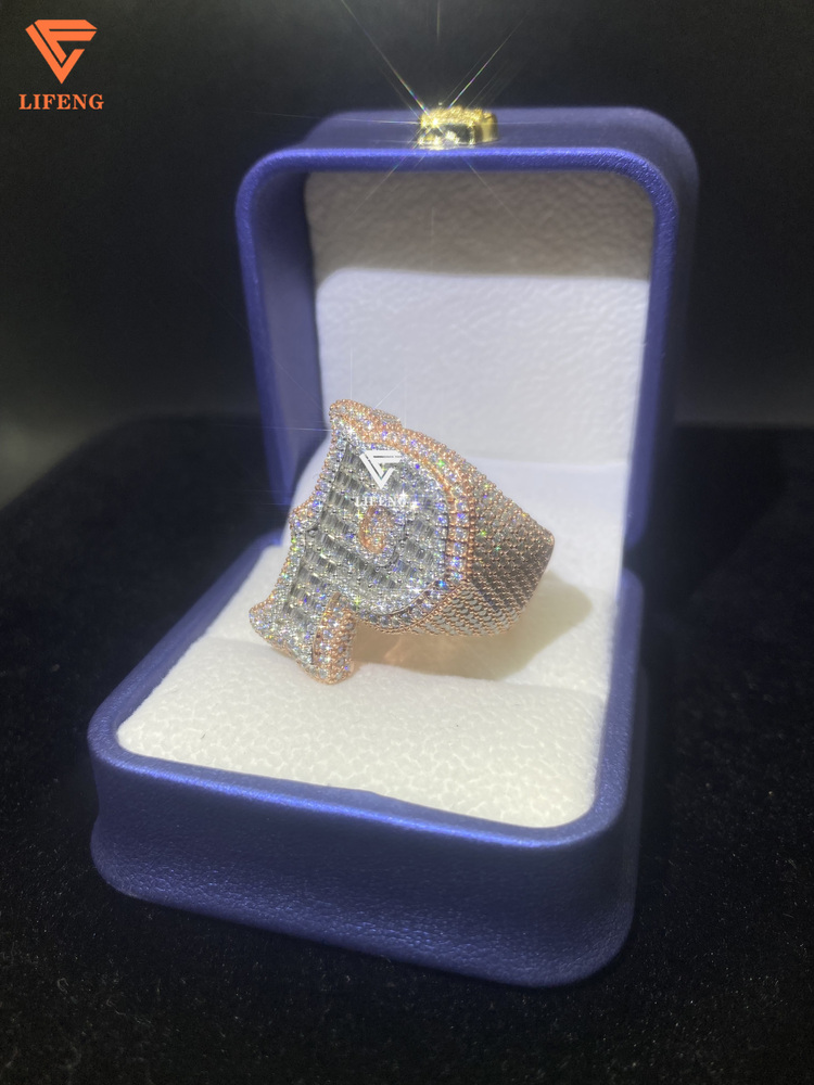 Mens Fine Jewelry 925 Silver Rose Gold Plated Moissanite Diamond Initial Letter P Ring Cut Hand Shape for Parties