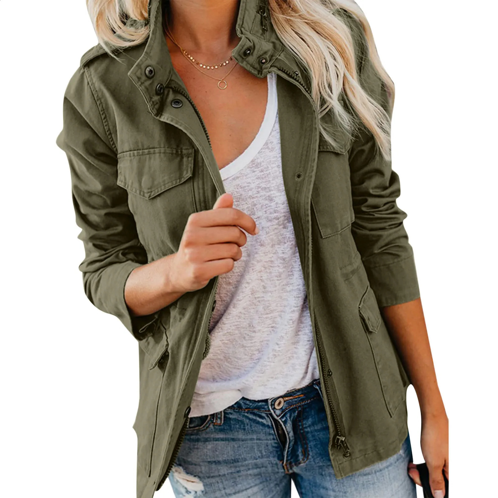 Autumn Womens Waist Seasoning Jacket Retro Green Multi Pocket Collar Button Solid Color 250317