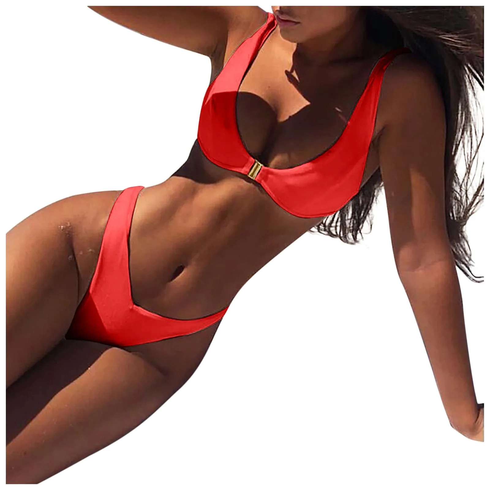 Swimwear Women 2 Piece Bikini WomenS Sexy Fashion Solid Color High Waist Gold Lock Bikini Swimsuit Ropa De Playa 250317