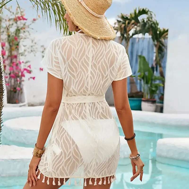 Swim Up Lace White Beach Dress Sexy V-Neck Cover Up Woman Swimwear Bikini Tunic Long Pareos Robe Beachwear Outfit