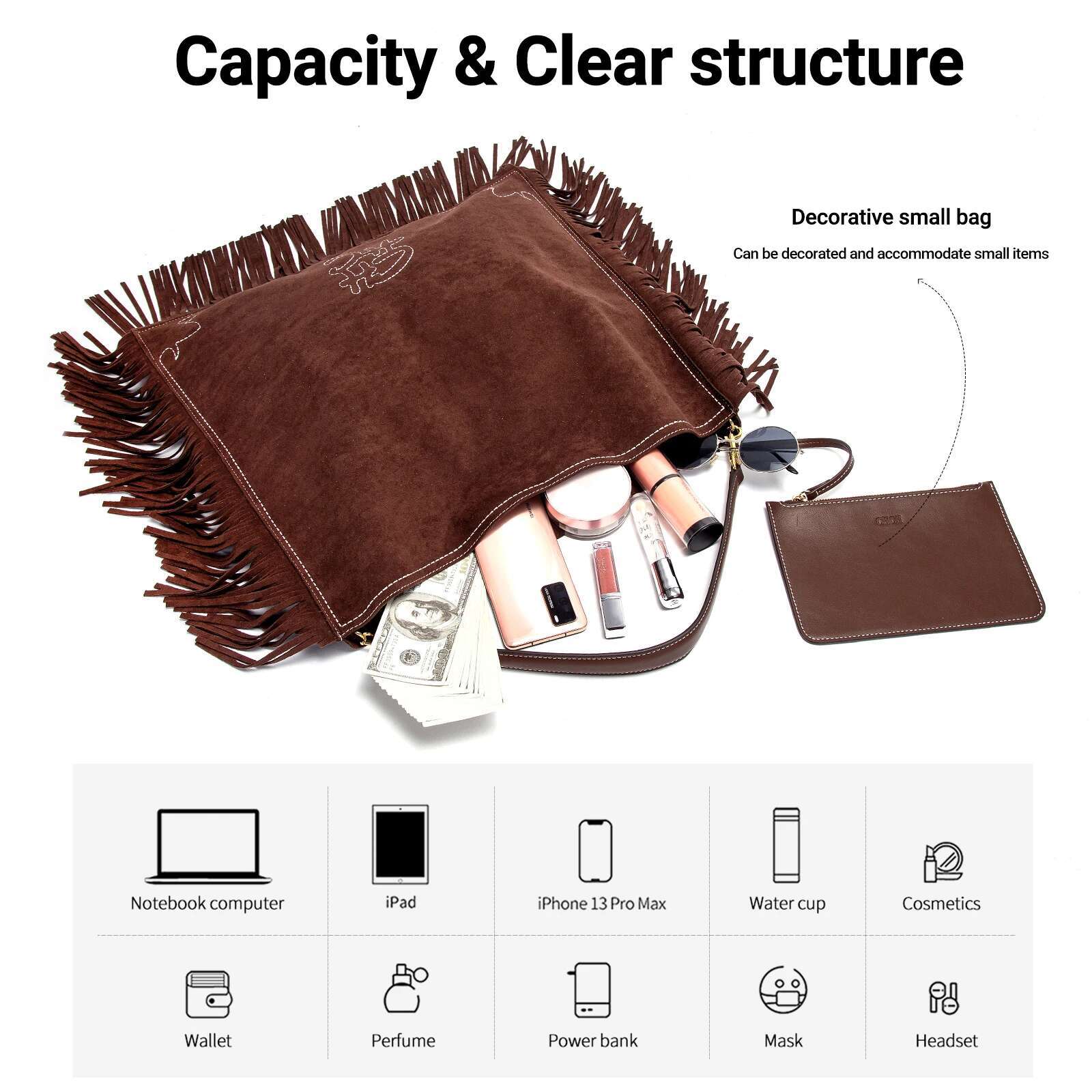 CHCH Tote 2025 New Brown Tassel Bag Retro Simple Women's Handbag Large Capacity