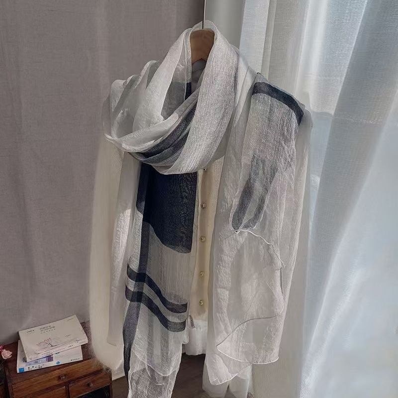 T303 cotton and linen splicing fashion plaid scarf long and smooth 2025 autumn and winter women's versatile gauze scarf thin shawl