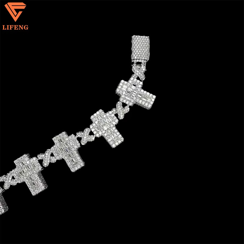 Mens Custom Cross Baguette Cut Bracelet Fashion Pass Diamond Test Hip Hop 925 Sterling Silver With Gold VVS1 Moissanite Gift