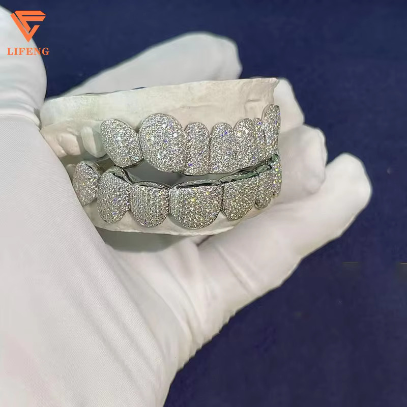 Deep Perm Cut Grillz Custom VVS Moissanite Hip Hop Honeycomb Grills for 16/20 Teeth White Gold Diamond Ice Out Grillz Jewelry