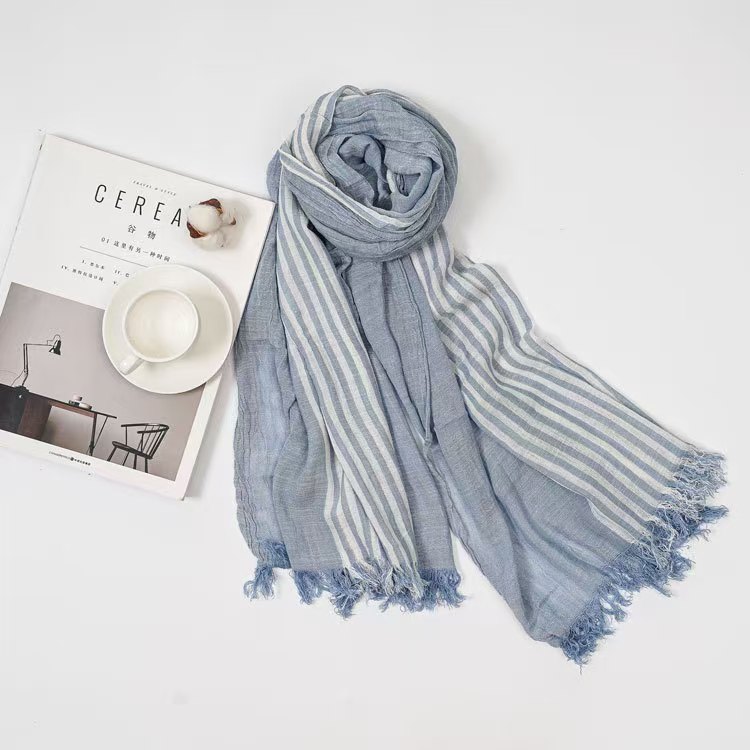 K144 Summer bamboo cotton striped scarf for women spot wear high-end literary retro natural crepe cross-border scarf wholesale