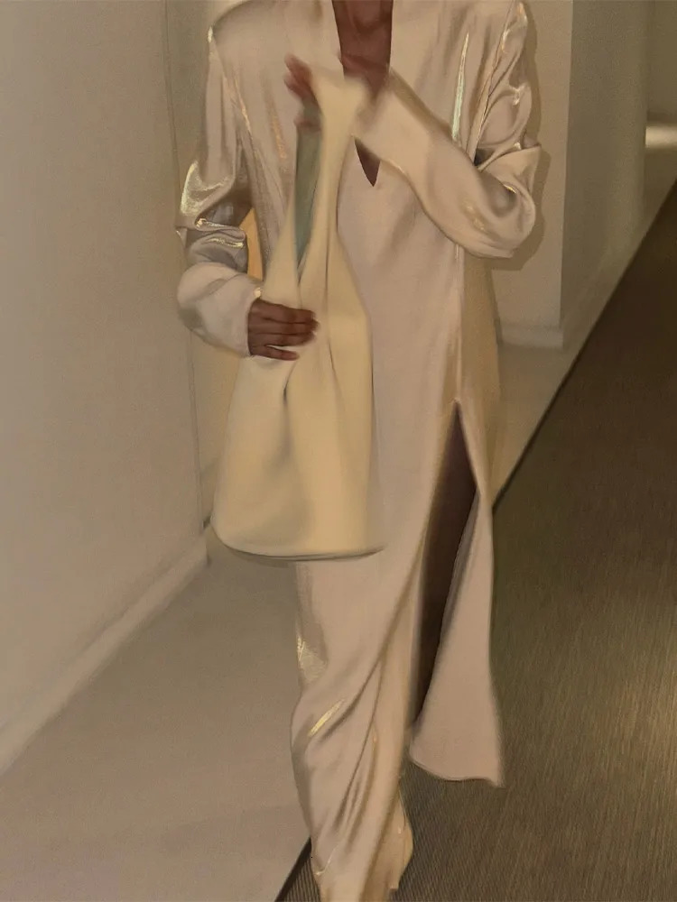 Casual Loose Laser Satin Sparkling V Neck Split Maxi Dres Long Sleeves Shinny Vestidos 2025 Female Holiday Party Dresses 250314