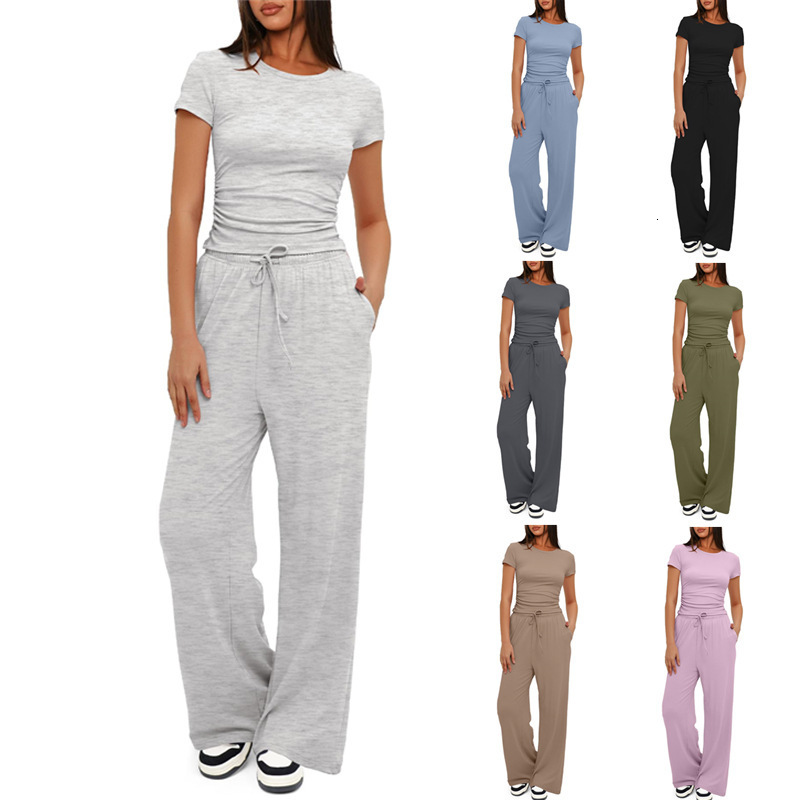 New Solid Color Casual Set Pleated Short Sleeve T-shirt Two Piece Top High Waist Wide Leg Pants Sportswear