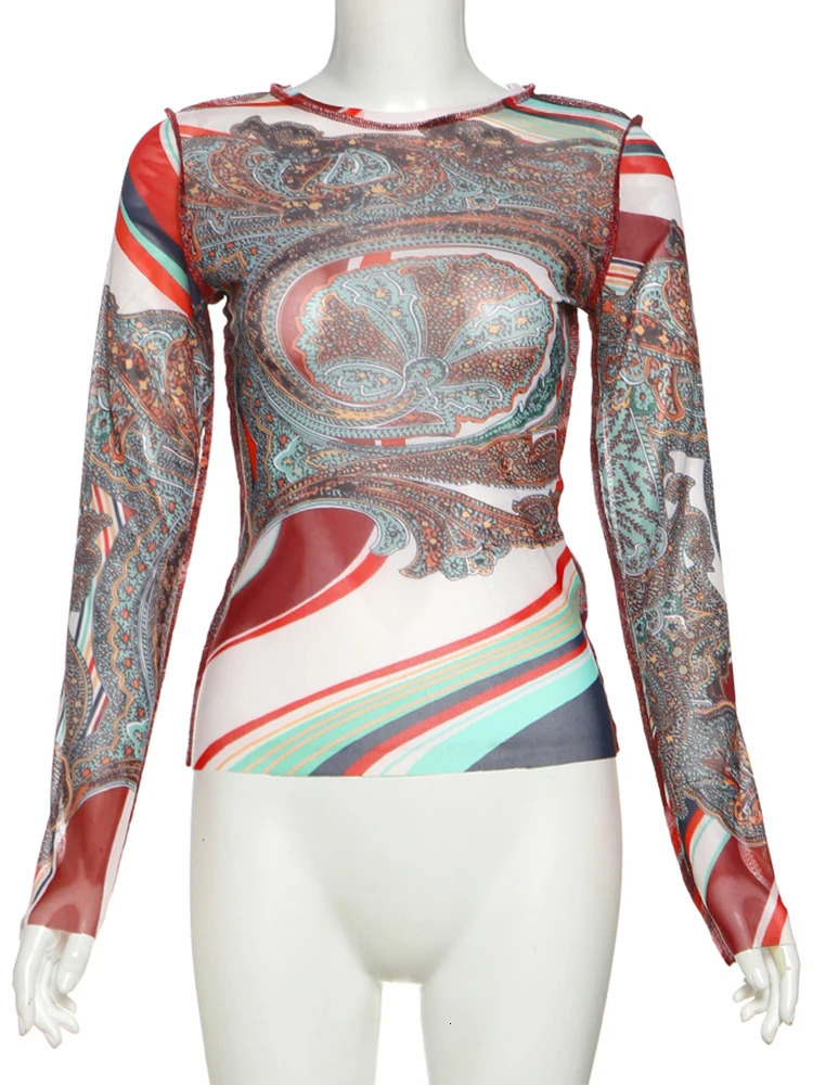 Weird Puss Colorful Print Women Crop Tops See Through Spring Full Sleeve Stretch Wild Basic Streetwear Hipster Skinny 250314