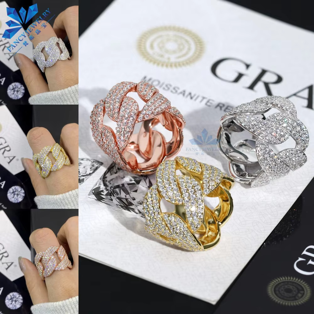 Wholesale 2025 Unisex Luxury 7mm Full Moissanite Iced Cuban Ring 18mm 925 Silver Men Weddings Parties Customizable Fashion