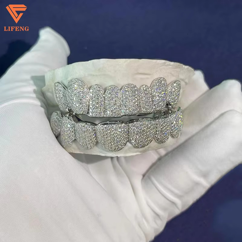 Deep Perm Cut Grillz Custom VVS Moissanite Hip Hop Honeycomb Grills for 16/20 Teeth White Gold Diamond Ice Out Grillz Jewelry