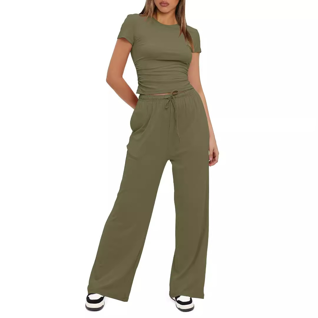 New Solid Color Casual Set Pleated Short Sleeve T-shirt Two Piece Top High Waist Wide Leg Pants Sportswear