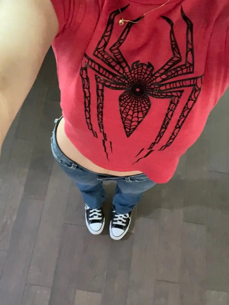 Spider Print Graphic Women Baby Tee Streetwear Vintage Letter Crop Summer Casual Trash Basic Goth Slim Short Sleeve T-Shirt emo 250317