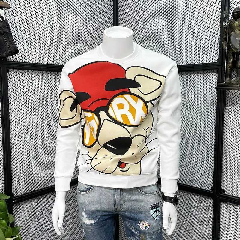Autumn and winter mens fashion trends interesting cartoon printed wool sportswear Y2K casual streetwear round neck long sleeved loose floral hooded sw