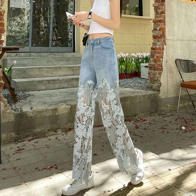 2025 new women's straight leg pants with transparent designer women's jeans lace coarse fabric spring pants retro pants