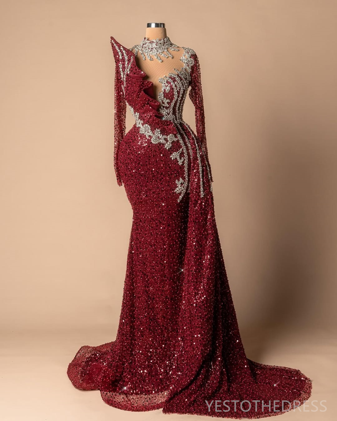 2025 Aso Ebi Dark Red Prom Dresses Mermaid Evening Dresses For Special Occasions High Neck Long Sleeves Beaded Lace Birthday Dress Second Reception Go