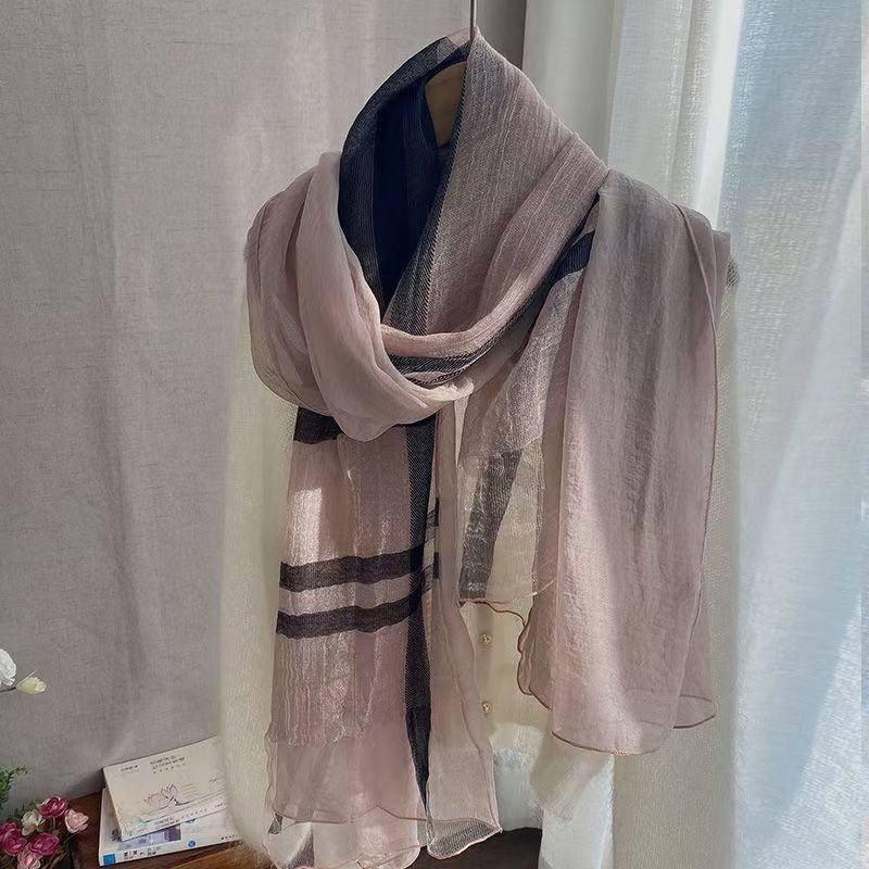 T303 cotton and linen splicing fashion plaid scarf long and smooth 2025 autumn and winter women's versatile gauze scarf thin shawl