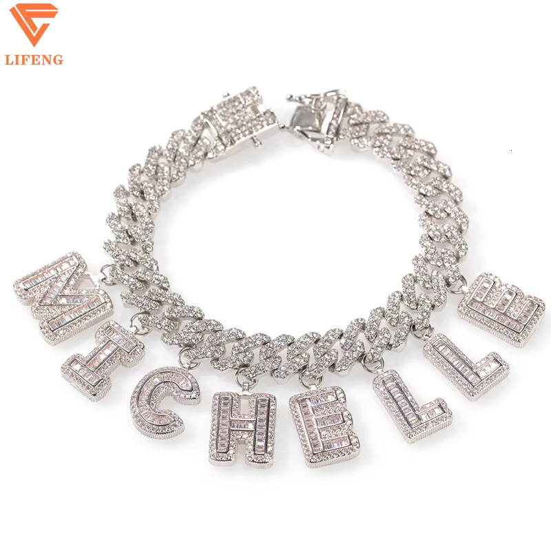 Custom Baguette Letter 12mm Cuban Link Chain Bracelet Personalize Initial Name 925 Silver VVS Chain Moissanite Hip Hop Jewelry