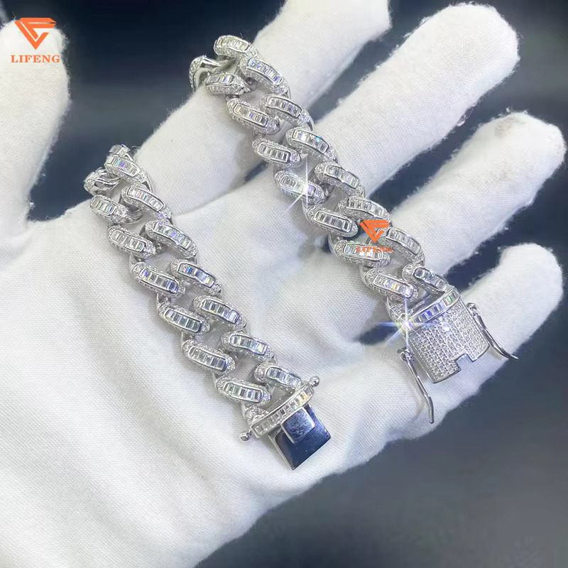 Fashion Jewelry White Gold Plated Charm Bracelet S925 Iced Out 14mm Baguette VVS Moissanite Hip Hop Cuban Chain Bracelet for Men