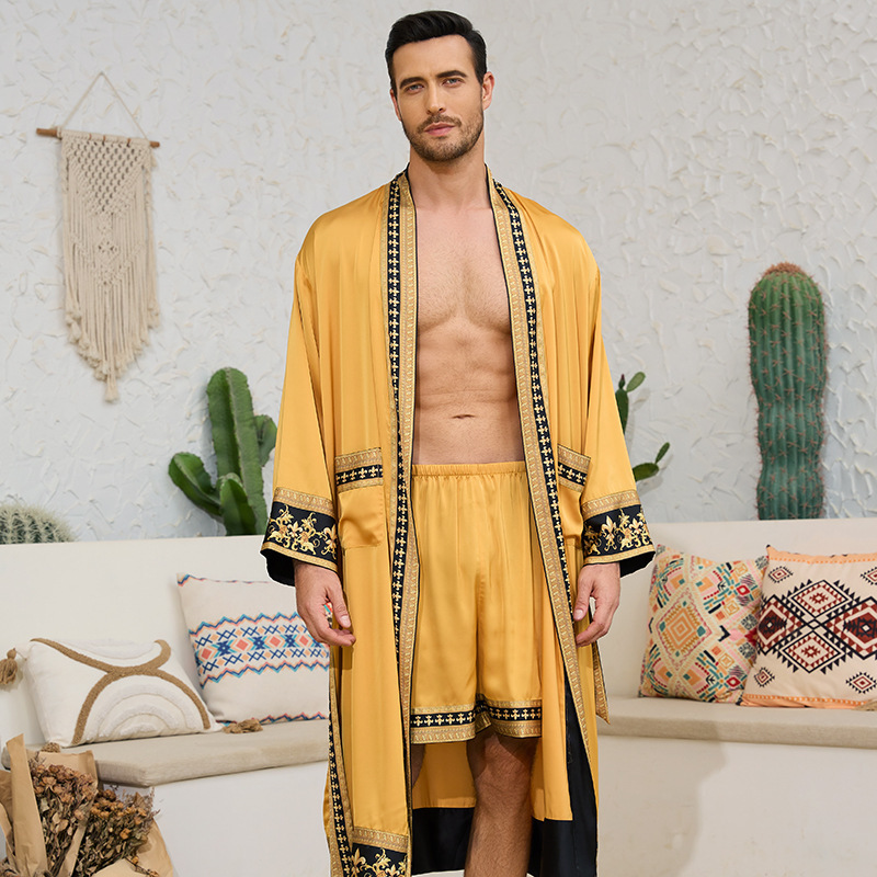 Designer's new European and American Baroque style satin robe and shorts set men's home wear couple's robe wholesale