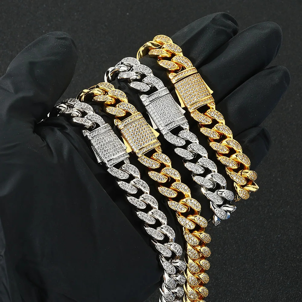 Glamorous 12mm Ice Out Cuba Link Chain Womens 2Row CZ Stone Miami Necklace Hip Hop Jewelry Set y Gift 250317 VVS