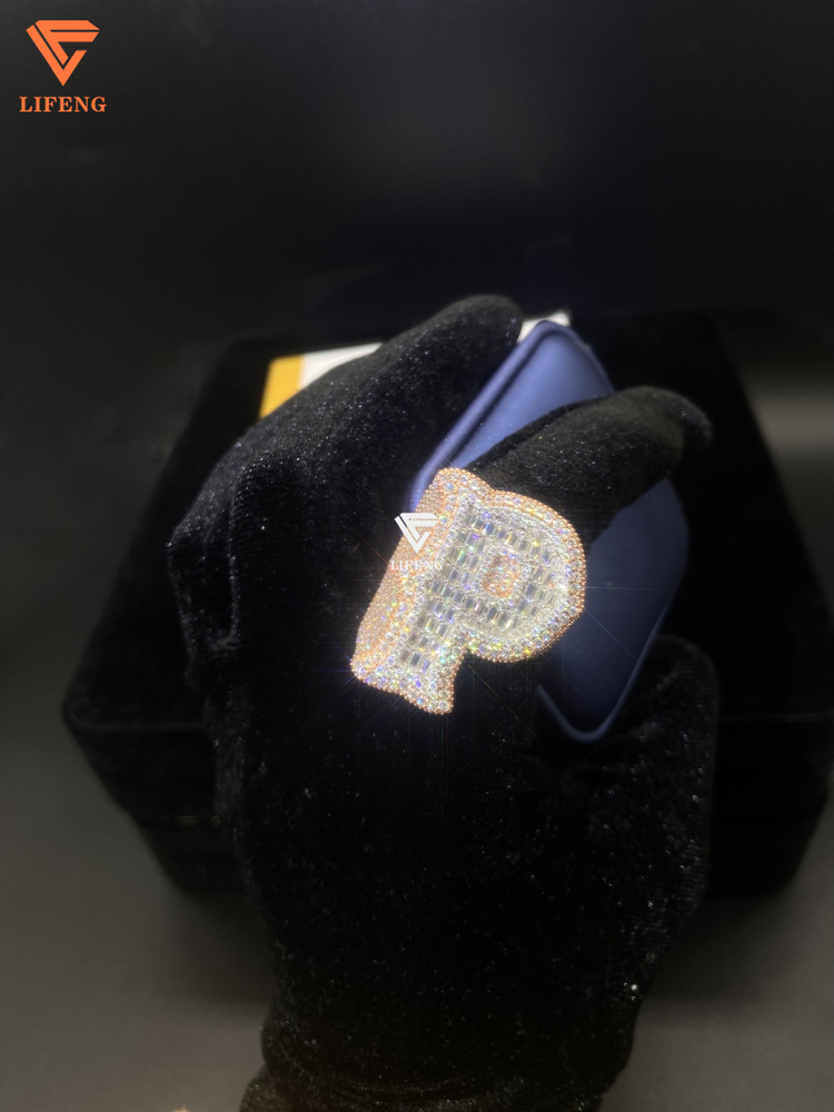 Mens Fine Jewelry 925 Silver Rose Gold Plated Moissanite Diamond Initial Letter P Ring Cut Hand Shape for Parties