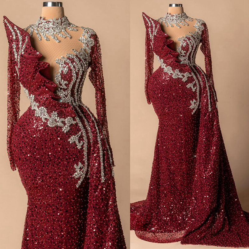 2025 Aso Ebi Dark Red Prom Dresses Mermaid Evening Dresses For Special Occasions High Neck Long Sleeves Beaded Lace Birthday Dress Second Reception Go
