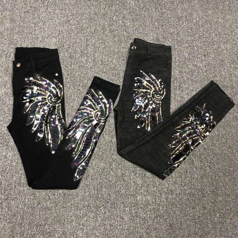 White sequined Phoenix denim 2025 new Korean slim fit elastic pencil tight jeans designer women's ankle length pants5