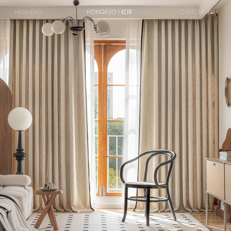 B314 Lily of the Valley antique style yarn-dyed chenille cotton and linen curtain Akihabara original weight quality black raw edge shape