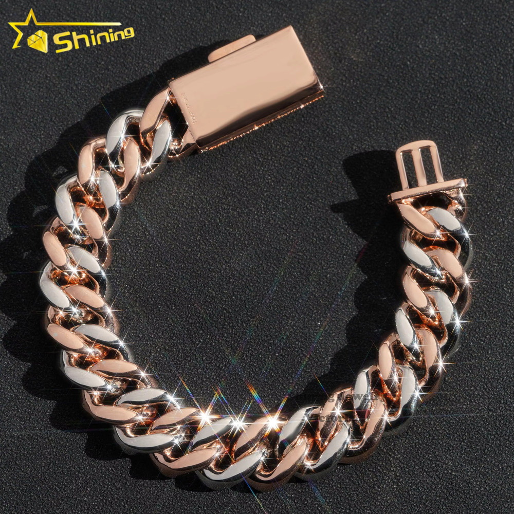 Shining Jewelry Hip Hop Jewelry 13mm 15mm Rose Gold Two Tone Iced Out VVS Moissanite Diamond Cuban Link Bracelet