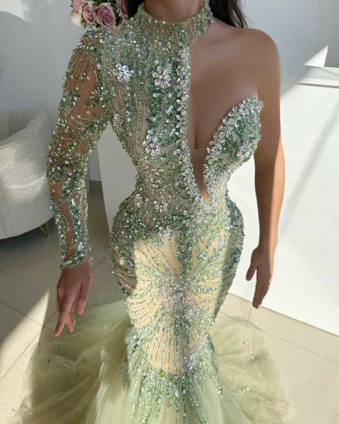 Sexy Mermaid Evening Dresses For Women One Shoulder Long Sleeves Gown Sequins Crystal Pearls Sweep Train Party Customized Dress