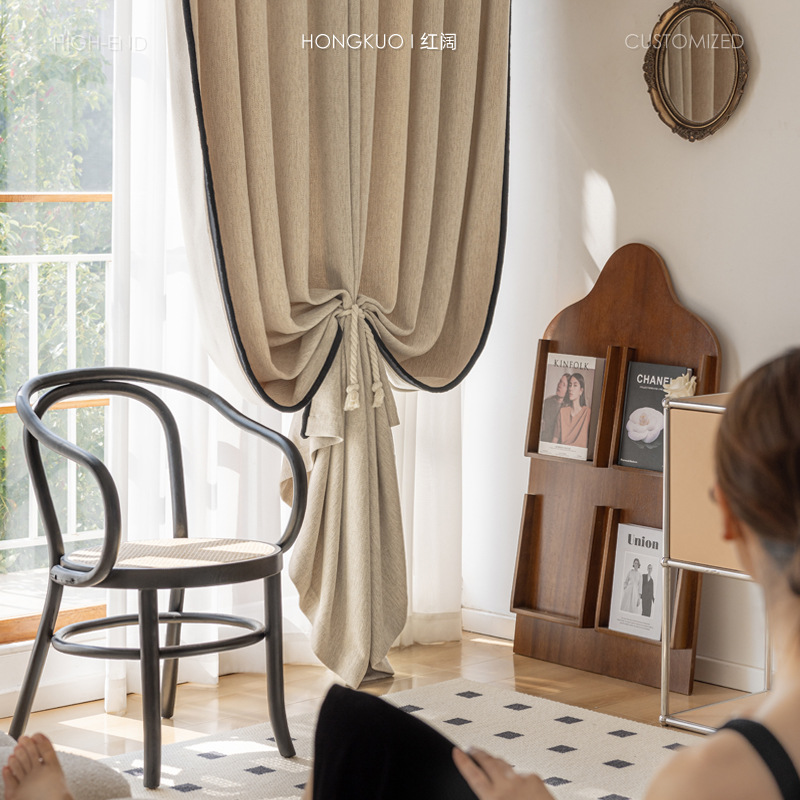 B314 Lily of the Valley antique style yarn-dyed chenille cotton and linen curtain Akihabara original weight quality black raw edge shape