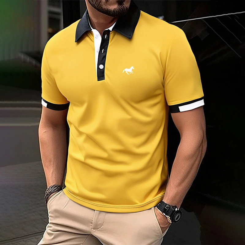Men Summer Short Sleeve Fashion Spell Color Lapel Golf Polo Shirt Men Sport Button Business Casual Golf Polo Shirt Tops 250317
